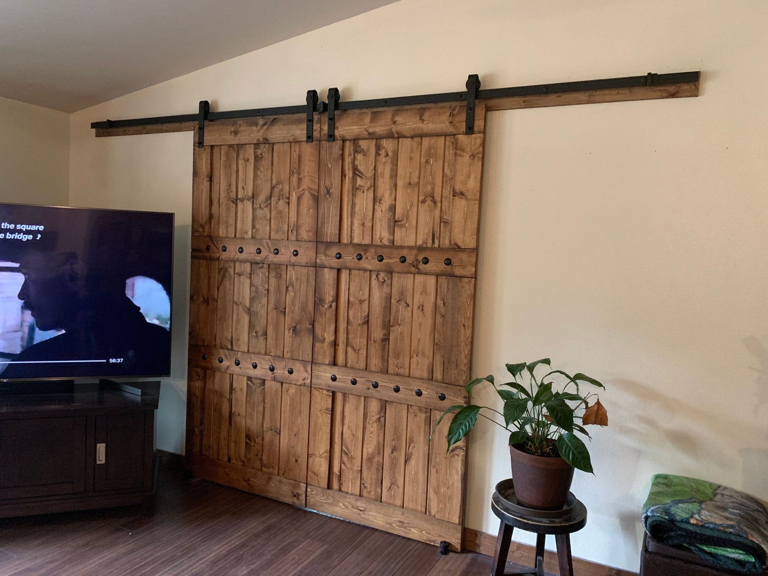 Television on a wooden floor next to the Custom Double Horizon Barn Door