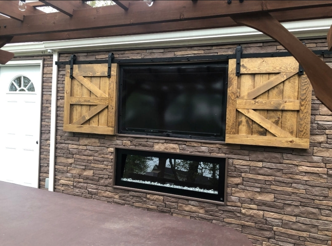 Exterior TV Barn Doors in Golden Oak stain