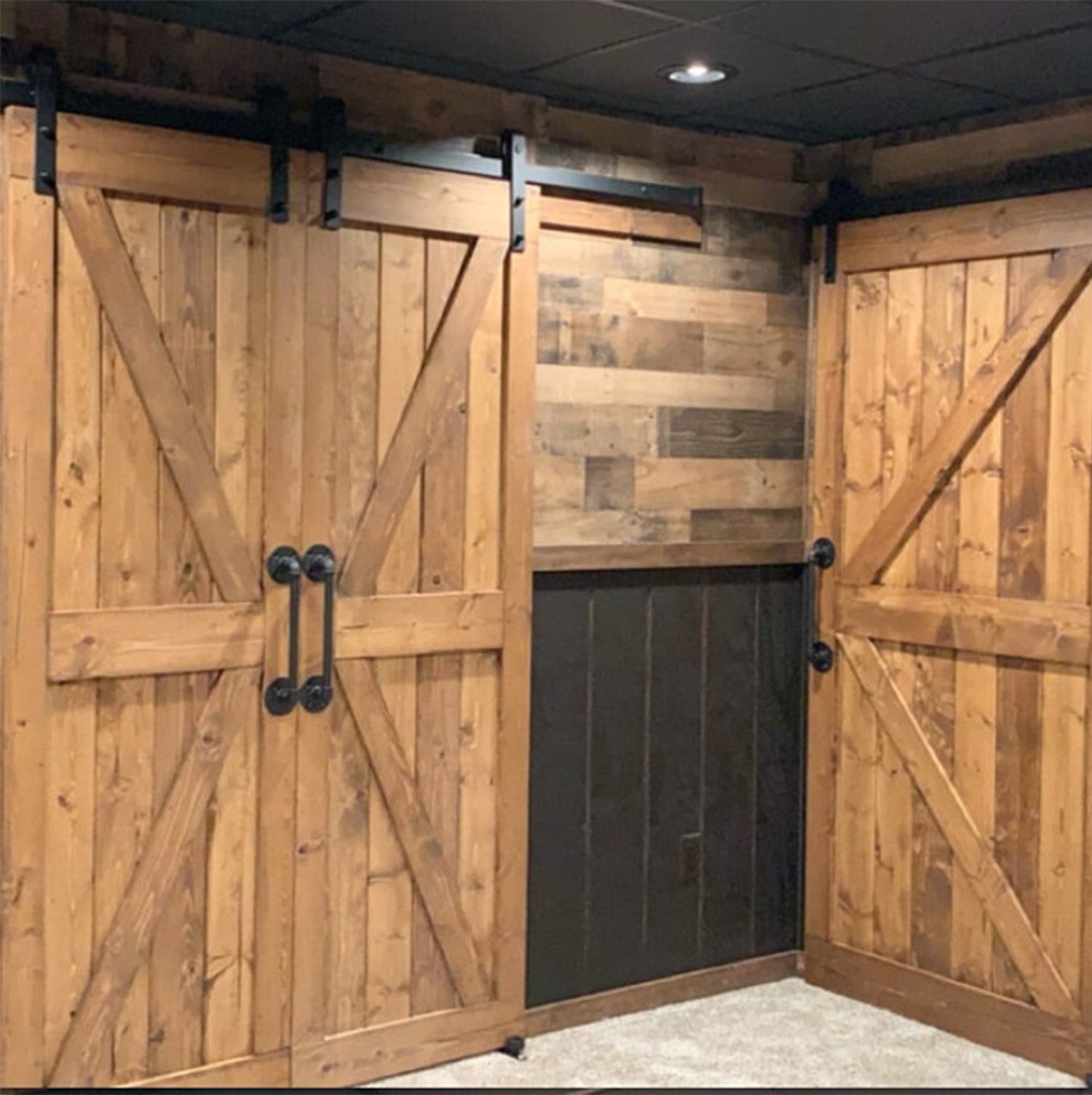 Room with wood paneling and the Custom Double British Brace K Style Barn Door