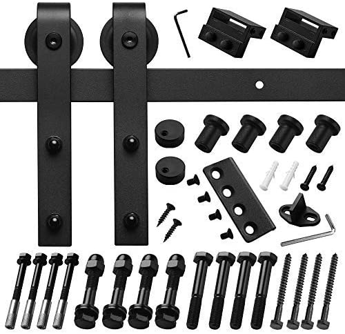 Black steel barn door hardware kit from Customized Barn Sliding Hardware with included accessories