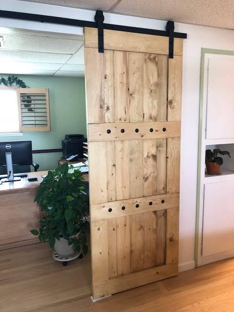 Rustic 84x33 Paneled Style Interior Barn Door in a room with a desk and plants