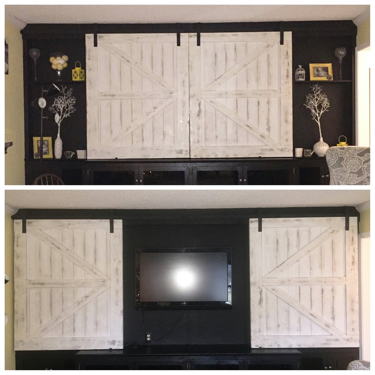 Images of a TV mounted on a wall with barn door style cover